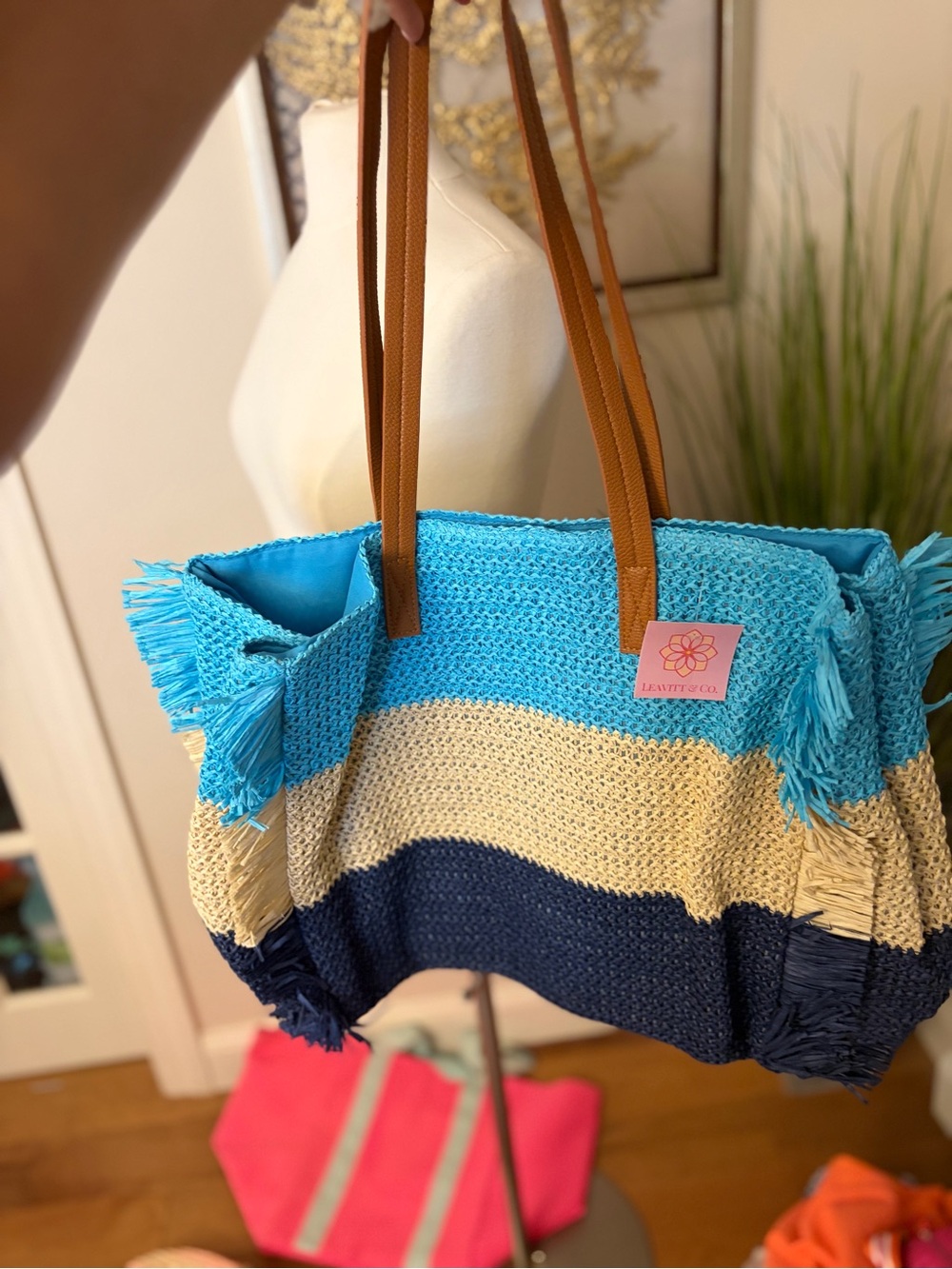 Tri-Color Woven Tote Bag - Blue/Cream/Navy